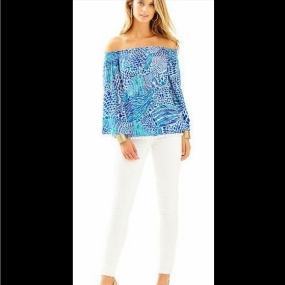 Lilly Pulitzer Off the Shoulder Nita Blue and White Pom Pom Bell Sleeve Top - Picture 8 of 8